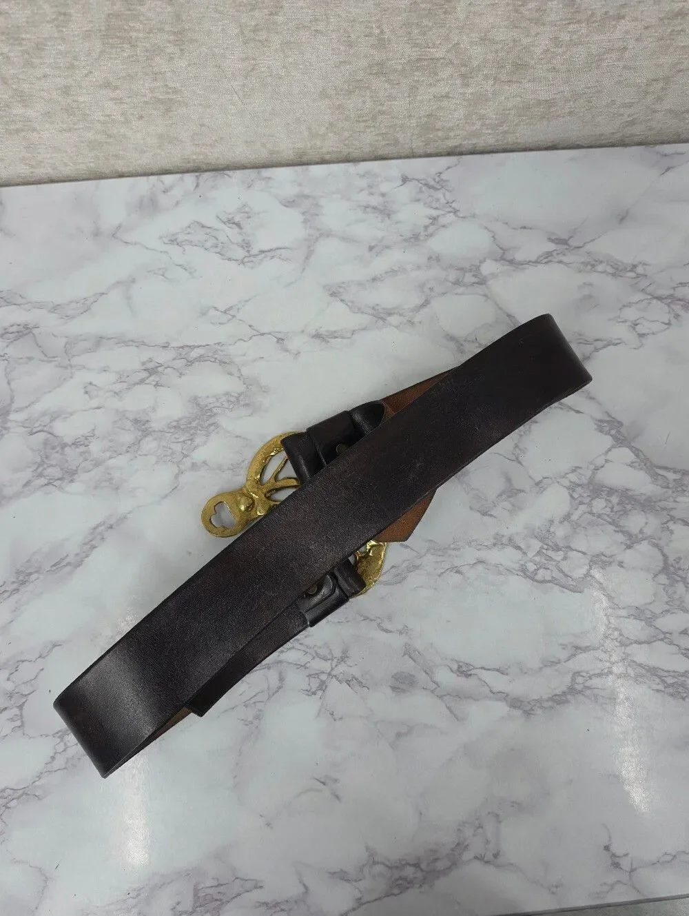 Vintage Deep Brown Leather Belt Gold Tone Brass Mod Brutalist Sculpted Buckles